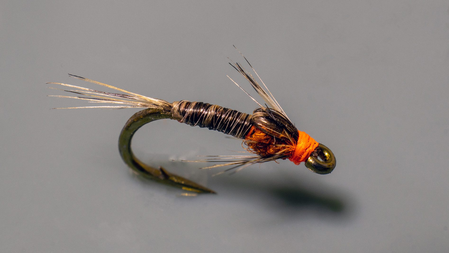 A close up image of the FL CDL fly pattern. A small fly fishing fly on a bronze hook with orange and brown body materials.