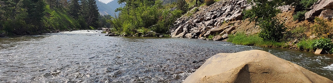 A serene view of Clear Creek featuring flowing water, surrounded by lush greenery, rocky banks, and distant mountains under a clear sky.