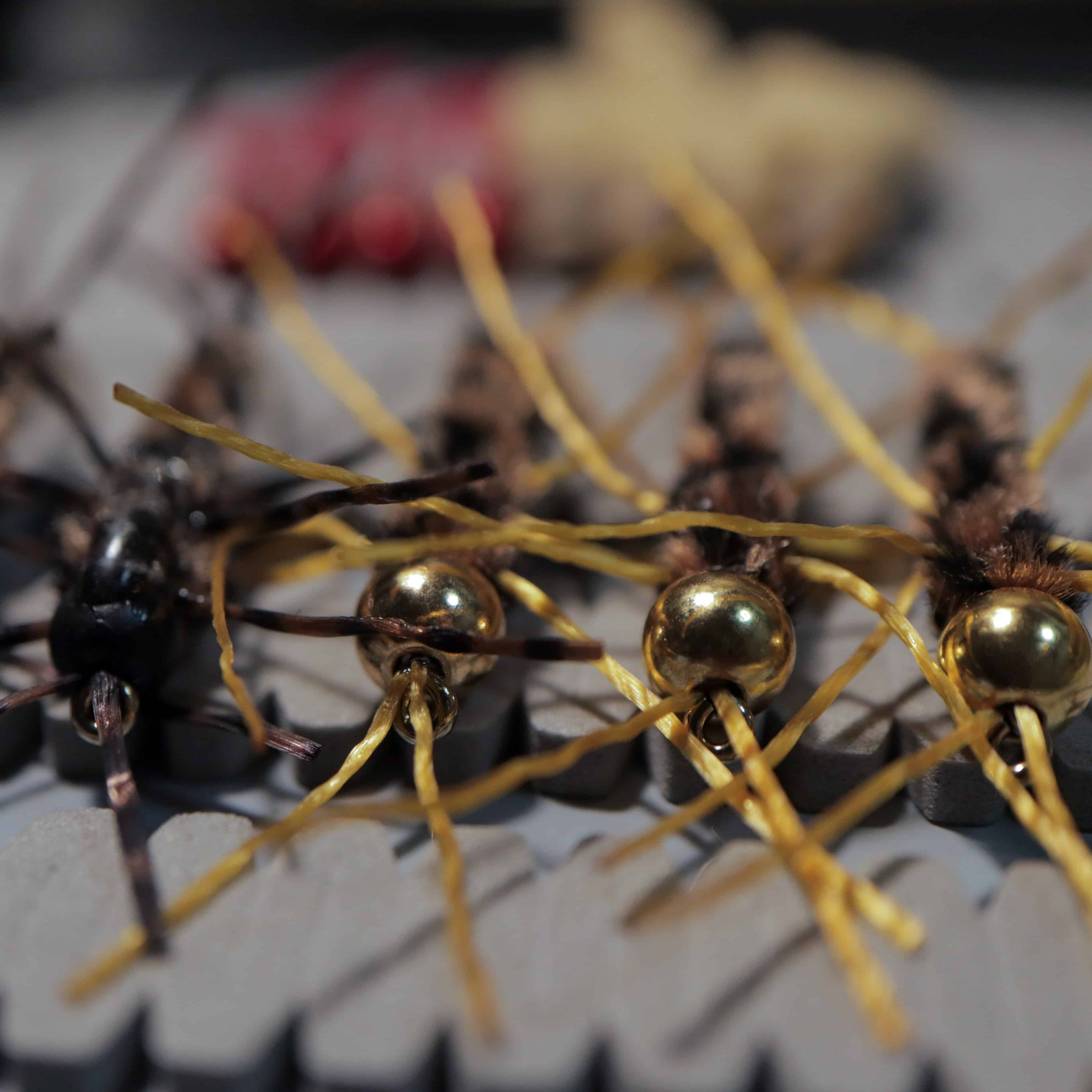 Close-up of various fishing flies arranged on a gray foam pad, showcasing their intricate details.