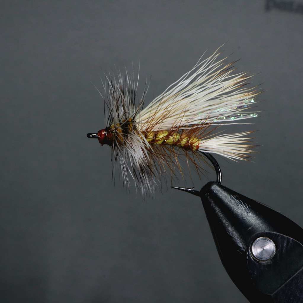 A close-up image of a foam-bodied Stimulator dry fly pattern, featuring a mix of bleached elk hair, gold wire ribbing, and Krystal Flash, designed for trout fishing.
