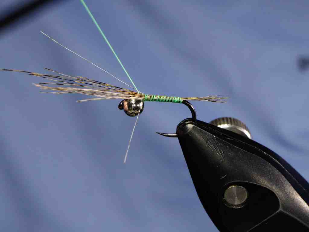 Close-up of a fly tying setup with a hook, green thread, and feathers.
