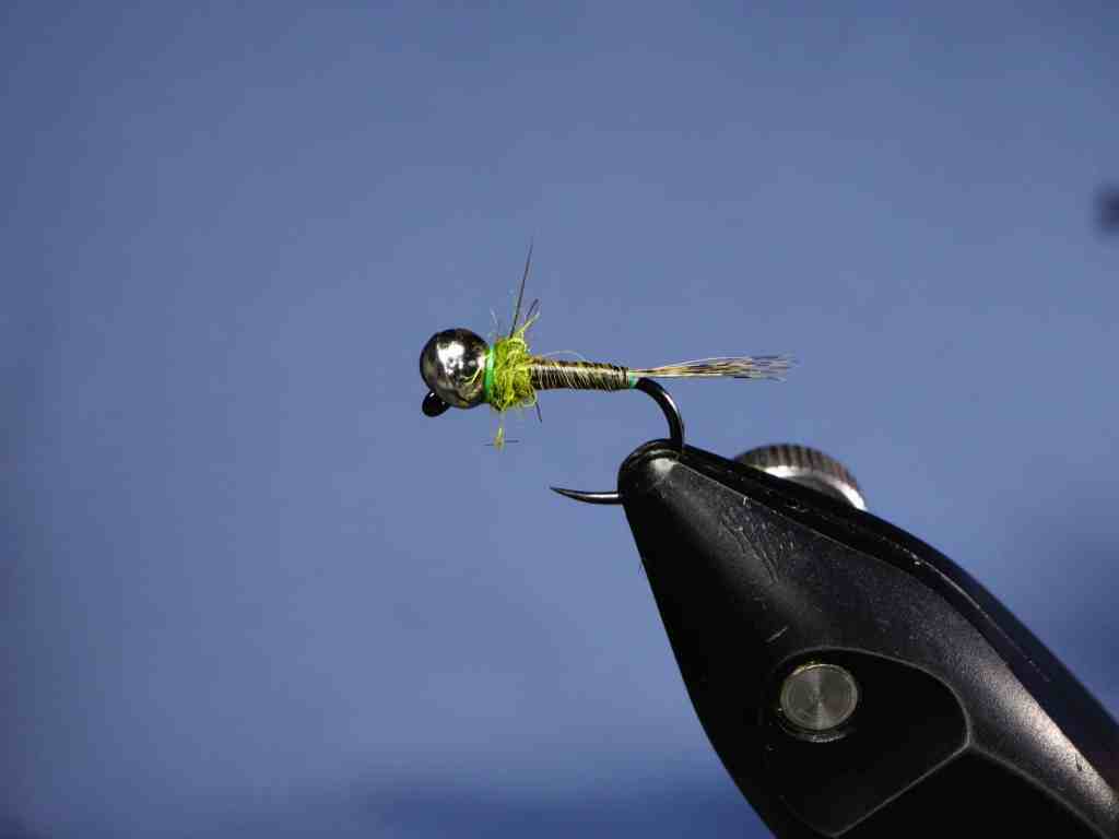 A close-up image of a fly fishing lure, featuring a metallic bead head and green materials tied to a hook, displayed on a fly tying vise.