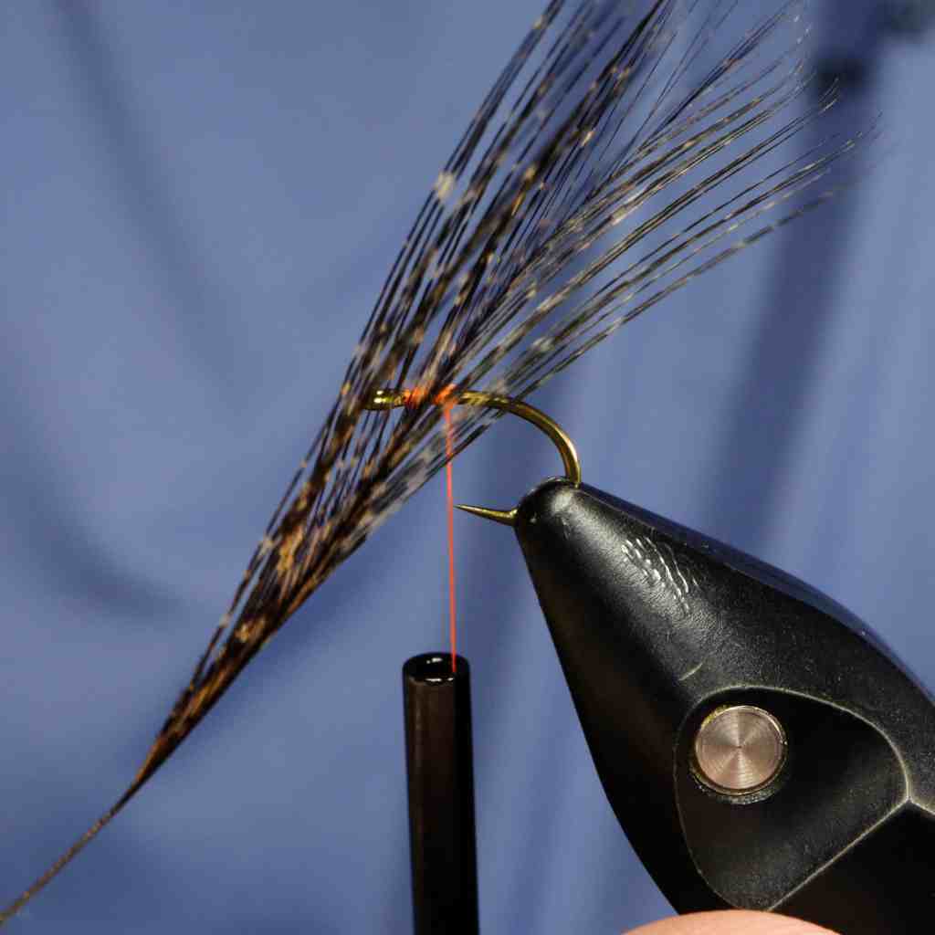 A close-up image showing a fly-tying process, featuring a hook and orange thread with Coq De Leon fibers ready to be tied.