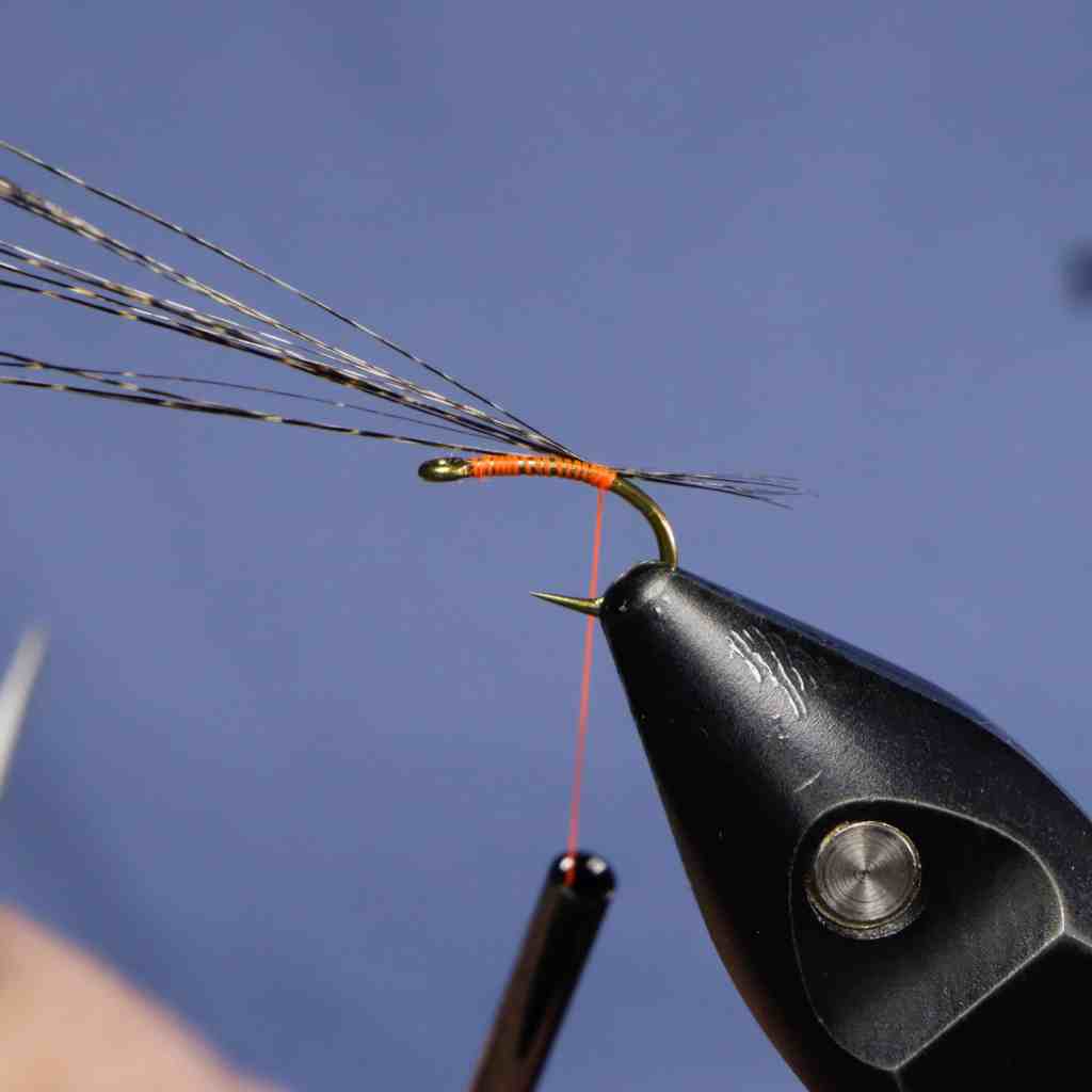 Close-up of a fly tying process, showing an orange thread being wrapped around a hook with Coq De Leon fibers positioned above.
