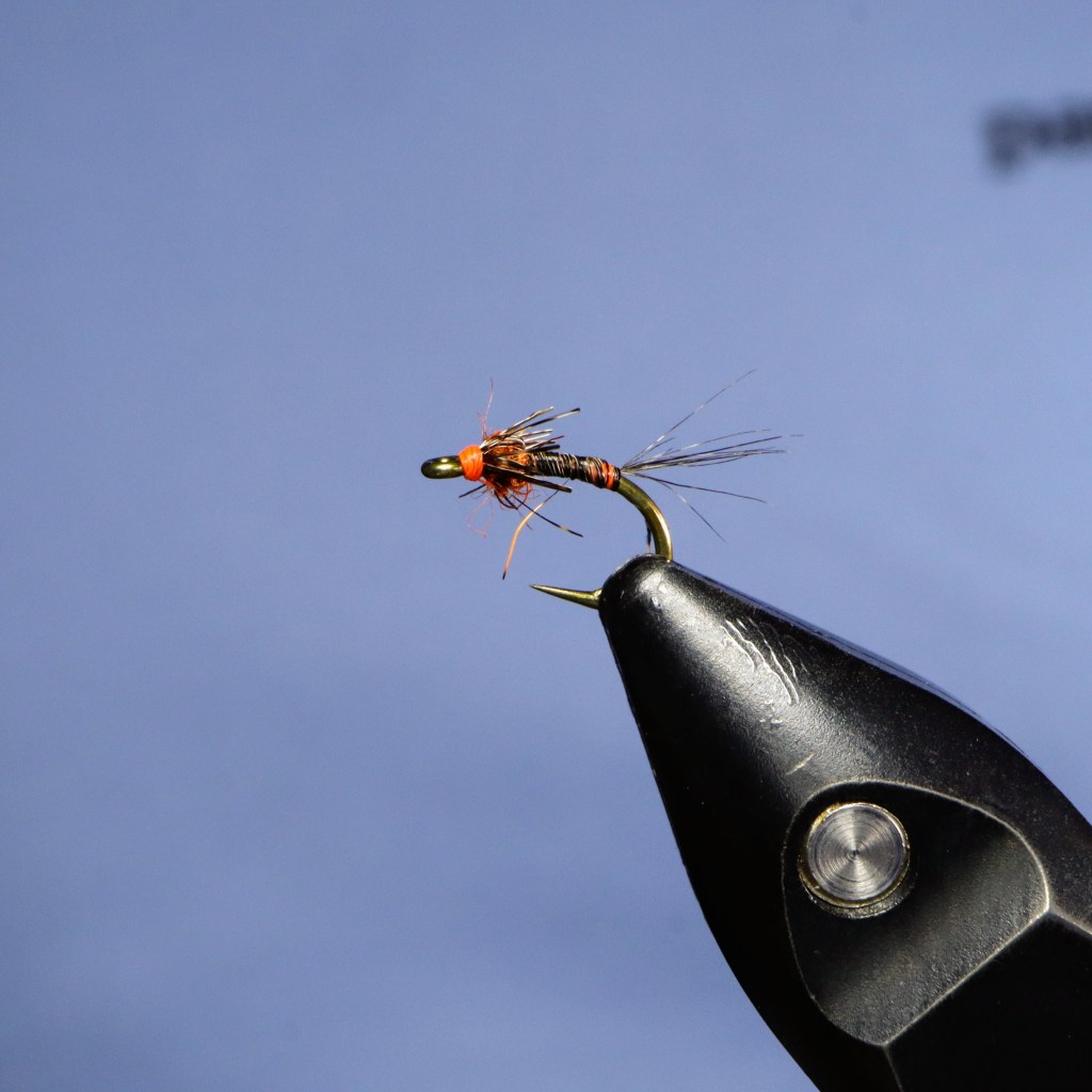A close-up image of a tied fly fishing nymph on a hook, showcasing its colorful body and tail features.