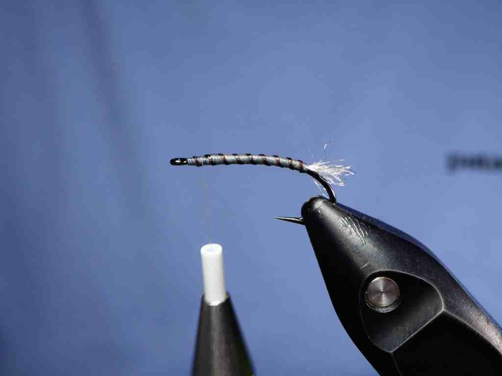 A close-up image of a nymph fly tied on a vise, showcasing a ribbed body with a pheasant tail thorax, designed for fishing.